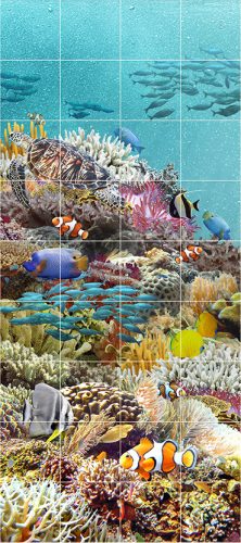 Tile mural with tropical fish, coral reef, and sea turtle